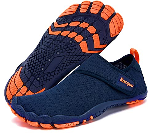 Racqua Mens Womens Water Shoes Barefoot Quick Dry Aqua Swim Beach Shoes Lightweight Hiking Fishing Shoes Surfing Diving Pool Sport Shoes Navy/Orange 16 Women/15 Men
