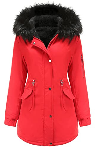 Vancavoo Damen Winterparka Mantel Winterjacke Parka Daunenmantel Herbst Winter Warm Kunstfellkragen Kapuzenmantel mit Tasche,rot L