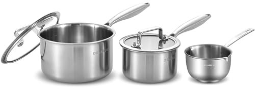 DELARLO Tri-Ply Stainless Steel Saucepan Set with Lid 1.0QT 2.5QT 10OZ, Small Pot, Induction Cooking Home Kitchen Sauce Pan,Butter Warmer,Dishwasher Safe & Oven Safe, Silver