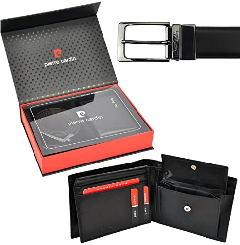 Pierre Cardin Herrengeschenk-Set Brieftasche und Gürtel Elegant aus 100% Naturleder Minimalistisch Weihnachten Jahrestag Geburtstag in Einer Box Gürtelgröße: 120