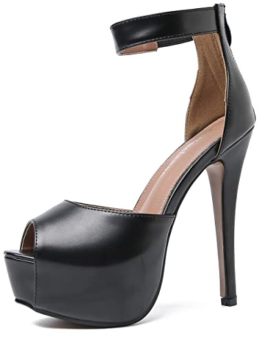 Enelauge Women's Platform High Heels Ankle Straps Sandals Peep Toe Stiletto Pumps Wedding Party Dress Shoes Black Matte 39-8.5US