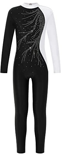 MSemis Mädchen Langarm Ballettanzug Einteiliger Gymnastikanzug Turnanzug Langarm Bodysuit Sport Overall Ganzkörperanzug 5-12 Jahre Weiß 146-152