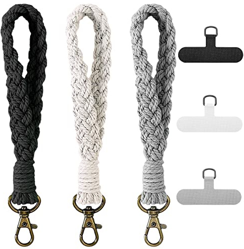 3 Stück Boho-Makramee-Handgelenkschlaufe mit 3 Stück Handy-Haltebändern, Handy-Umhängeband, handgefertigtes Smartphone-Armband, Schlüsselringhalter, Verbindungsflicken für Damen und Herren