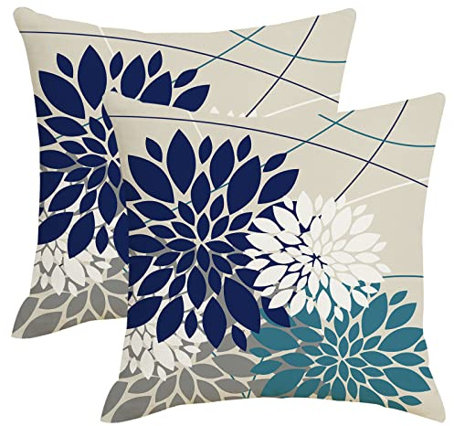 AWJTNCQ Juego de 2 fundas de almohada de lino con diseño floral de dalia azul marino y gris azulado de 45.7 x 45.7 cm, para decoración de sofá y cama, diseño geométrico moderno para exteriores