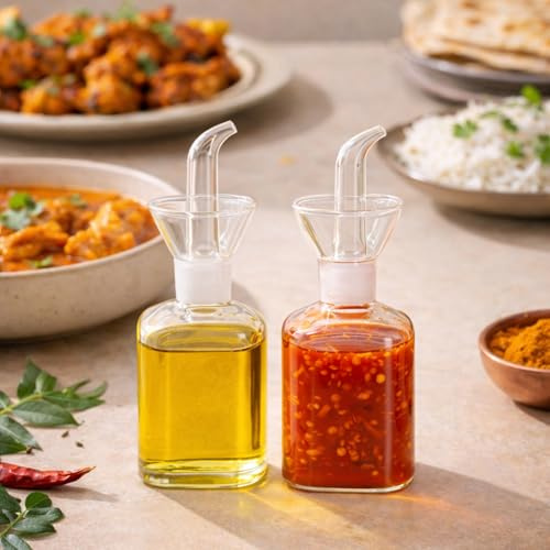 Eden & Willow Glass Olive Oil Bottle, Vinegar Cruet Bottle for Kitchen, Cooking Oil Dispenser with Non-Drip Spout (Small, 2pcs)