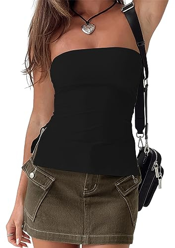 MISSACTIVER Women Y2K Strapless Backless Tube Tops Sexy Off Shoulder Side Split Bandeau Going Out Tank Tops(Small, Black)