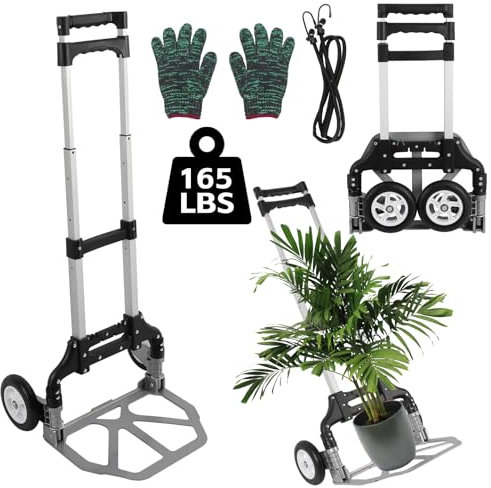 Kalolary Carrello Pieghevole in Alluminio, Carrello Portapacchi，Carrello con Ruote Portatutto con Manico Regolabile- incl. corde elastiche - Carico Massimo 165 Lbs