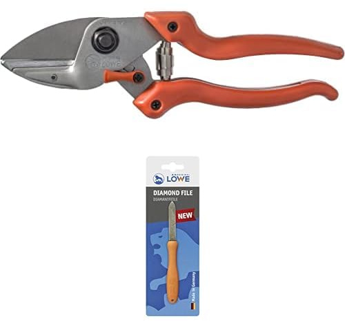 Original LÖWE Set bestehend aus Profi Amboss Gartenschere 6.104 für Schneidearbeiten am Apfelbaum oder Pflaumenbaum & Diamantfeile 0023 für Scheren, Äxte und Werkzeuge