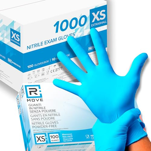 RMOVE 1000 guantes de nitrilo azul XS sin polvo, sin látex, hipoalergénicos, 10 cajas de 100 guantes desechables para esteticistas, tatuadores, entornos médicos