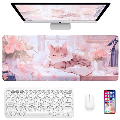 Großes Anime-Gaming-Mauspad, Anime Katzen Schreibtischunterlage mit Anti-Rutsch Basis, Gaming Mouse Mat mit Süßem Kätzchenmuster, Tischunterlage für Gaming, Büro, Zuhause, 800×300×3MM(Cat-002)