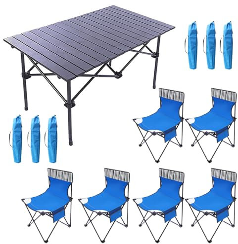 Campingtisch mit Stühlen im 7er-Set, tragbarer Klapptisch und Sitze für 6 Personen, Picknick-Familientisch- und Stuhlset aus Aluminium für Gartenpartys im Freien