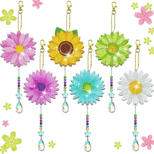 Frundoo Diamond Painting Anfänger Schlüsselanhänger Set, Basteln Mädchen 3-12 Jahre, 5D DIY Diamant Painting Bilder Blumen, für Weihnachten Anfängergeburtstag Mädchen Schlüsselanhänger