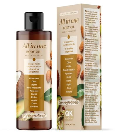 QKnatur - Aceite Corporal Hidratante All in One Oil - 200ml - Mejora la apariencia de Cicatrices | Prevención de Manchas y Estrías | Formulado con 10 aceites de origen vegetal