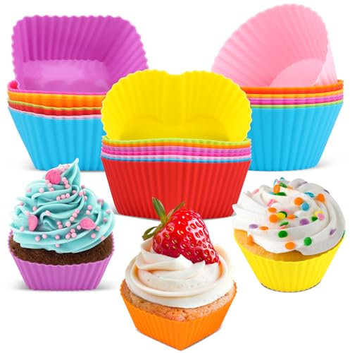 TNOMSNO 24 Stück Muffinform Silikon, 3 Formen, 8 Farben, BPA-Frei, für Eincreme, Kuchen und Pudding