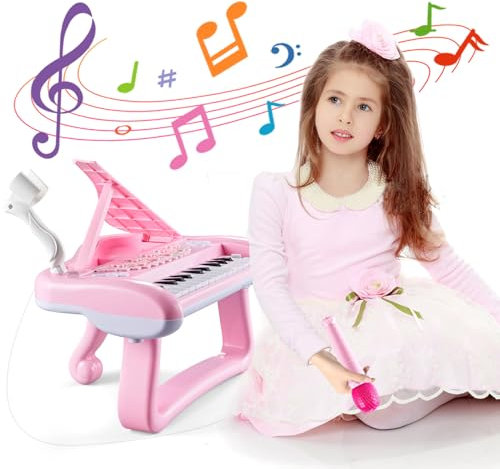 Pink Piano Keyboard with Microphone for 2 Years Old Girls, 22 Keys Musical Instruments, Portable Multi-Function Electronic Sound Toys, Educational Birthday for Kids Aged 3 4 5