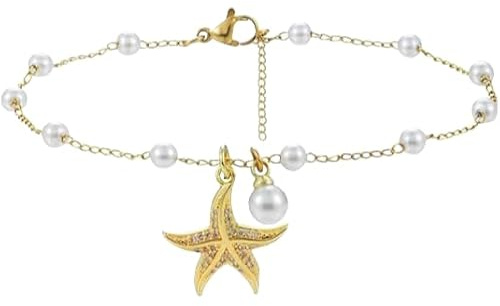 Hebterrka Gold Perle Seestern Fußkettchen Armband, 18K Gold Edelstahl Hawaiianisches Fußkettchen für Frauen