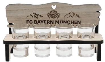 FC Bayern München Schnapsbank 4erISet I Stamperl I Schnapsgläser mit Holzhalterung & Vereinswappen I Spülmaschinengeeignet I Offiziell lizenziert