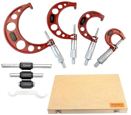 DAISHUJIE micromètre extérieur Lot de 4 micromètres extérieurs de Couleur Rouge 0-100 mm, précision 0,01 mm, Outils d'usinage en carbure 0-25 mm/25-50 mm/50-75 mm/75-100 mm