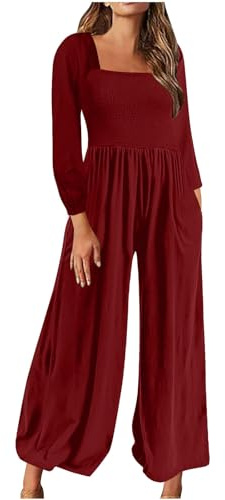 Jumpsuits for Women UK Squared Neck Long Sleeve Playsuits Trousers Wide Leg Smocked Jumpsuit Plain Overalls Fall Winter Elegant One Piece Pants Loose Office Work Casual Rompers