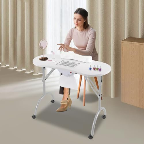 Faltbar Maniküretisch Nageltisch mit Absaugung 90 * 40 * 72.5cm Maniküre Tisch für Nagelstudio Beweglich Studiotisch inkl. Rollen und Aufbewahrungstasche (Weiß)