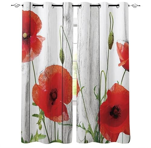 Rptidmv Vorhänge mit Ösen 2er Set Mohnblume Modern Blickdichte Vorhang Thermovorhang Kälteschutz Verdunklungsvorhänge für Wohnzimmer Schlafzimmer Kinderzimmer 140 x 175 cm (BxH)