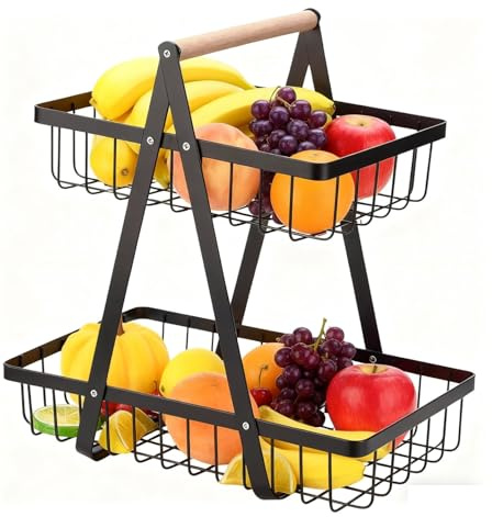 Obst Etagere 2 Etagen Obstkorb Metall Schwarz, Moderne Obstschale 33.5x30cm | Praktischer Obstkörbe aus Kohlenstoffstahl für Brot Gemüse Snacks, Eckregal Stehend Aufbewahrung Küche