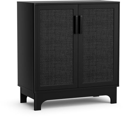 Skokliz Black Rattan Cabinet, Natural Rattan Storage Cabinet with 2 Doors Adjustable Shelf Large Space Entryway Hallway Sideboard Buffet for Living Room Kitchen