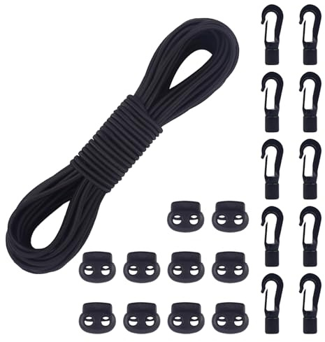 AWBEOT Gummiseil 5mm x 20m, Elastische Gummischnur, Gummikordel Schwarz, Expanderseil mit 10Pcs Kunststoffhaken und 10Pcs Kordelstopper, Spannseil für Camping, Anhängerplane, Schnürsenkel,Wäscheleinen