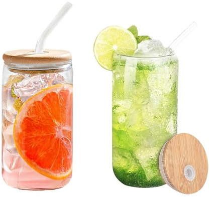 500ML Can Glass Cups,Transparent Drinking Glasses with Bamboo Lids and Straws, 2Pcs Beer Can Glass Tumbler Glasses Ice Coffee Cup for Beverage Clear Tumbler Cup for Juice,Smoothies,Cocktail Whiskey