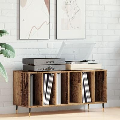 Brokky 862900 Armadio per Dischi in Rovere Artigianale 100x38x48 cm in Legno ingegnerizzato Giradischi Vinili Stand Tavolino con Archiviazione Record in Vinile,Espositore per Dischi in Vinile,Gabinet
