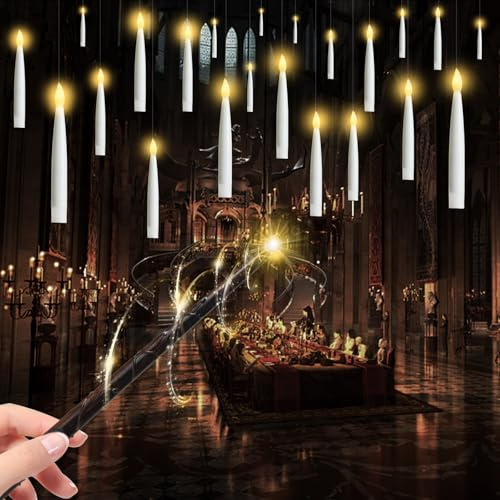 Schwebende Kerzen Led - Elektrische Led Kerzen Warmweiß Flackernde Flamme mit Timerfunktion und Zauberstab Fernbedienung Hängende Kerzen Schwebend für Party Halloween Weihnachten Deko (12 Stück)