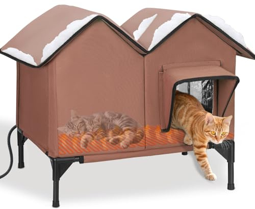 Grande maison chauffée pour chat - Résistante à l'hiver - Isolée - Douce et chaude - Pour l'extérieur - Avec portes d'évacuation et coussin chauffant - Robuste - Pour plusieurs chats et chiens