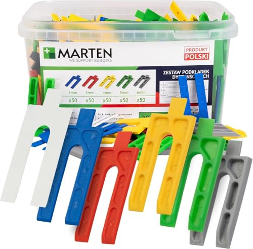 MARTEN Kunststoffkeile Set 1-6 mm, Unterlegplatten Nivellierplatten in verschiedenen Farben – robuste Distanzplatten für Fenster- und Türmontage, Gipskartonplatten und Terrassenplatten