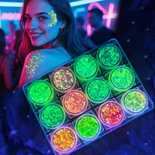 Festival Glitzer Gesicht, 12 Farben Fluoreszierendes Face Body Glitter | Chunky Sequin Festival Zubehör Accessoires Gadget,Geeignet für Partys, Halloween, Karneval, Make-up-Balls usw.