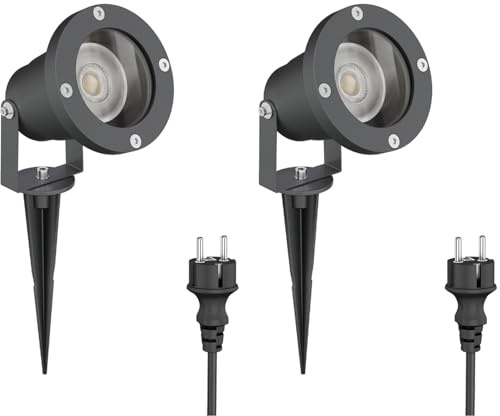 ledscom.de 2 LED-trädgårdsstrålkastare DUK antracit med markspett för utomhusbruk, IP65, inkl. GU10-lampa (varmvit, 7,6W, 1103lm, 33°)