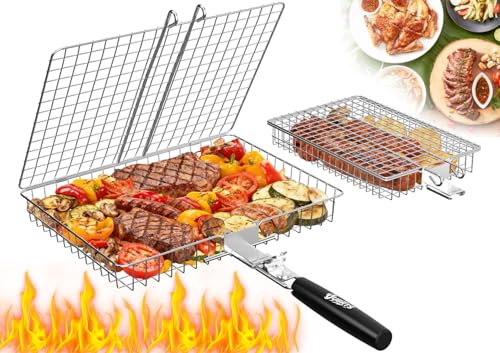2PCS BBQ Grilling Basket with 1 Removable Wooden Handle, Foldable Stainless Steel Portable Camping Grill Basket for Vegetables, Fish, Meat & Seafood, Gifts for Father Men Dad Husband