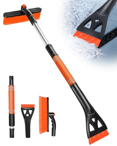 ViKKent Eiskratzer Auto 3 in 1, 80CM Lang Ausziehbarer Schneebesen mit 360 ° Drehbarer Bürstenkop und Schaumstoffgriff, Auto Reinigungsbürste und Schneebürste für Auto, Camping, Garten, Orange
