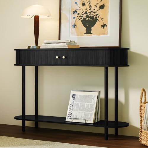 HOLTICO Console Table with Drawers and Tambour Door, Black Entryway Table Wooden Narrow Console & Sofa Tables for Hallway, Living Room, Bedroom