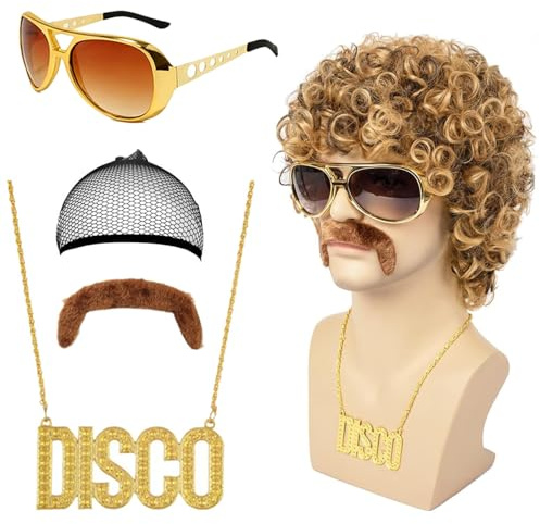 5er Set Herren Perücke Mit Halskette Bart und Brille 70er 80er Jahre Disco Dude Dirt Bag Perücke Hippie Herren Kostüm 80er Jahre Accessoires für Karneval Cosplay und Festivals