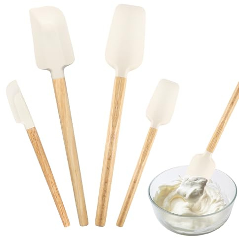 4 Stück Teigschaber Silikon,Silikonspachtel mit Holzgriff,Hitzebeständig Küche Silicone Spatula,Nicht Kleben Spatel Teigschaber Klein Teigspatel Schmal,für Kochen Mischen Backen Marmelade Streichen