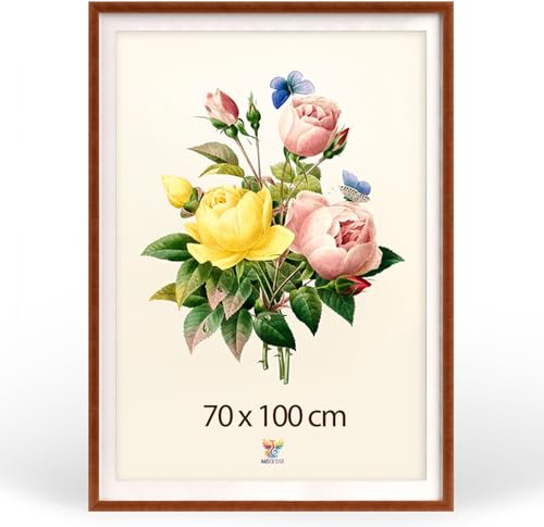 MG Design Bilderrahmen 70 x 100 cm – Posterrahmen mit Braun Hochprofil-Holzrahmen und bruchsicherem Acrylglas, mit Passepartout, Hoch & Quer mit verstärkter Wandaufhängung