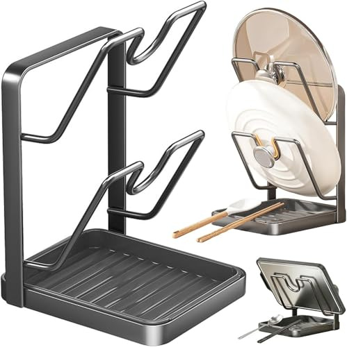 Porte Couvercle Cuisine, Support Couvercle Casserole, Support De Rangement Pour Couvercles De Casseroles De Cuisine, Multifonction Avec Repose Cuillère, Avec Bac D'égouttage (Gris,Double couche)