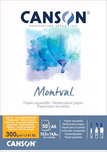 Canson Montval Aquarellpapier, feine Körnung, 300 g/m², geleimter Notizblock, kurze Seite, A6 (10,5 x 14,8 cm), Weiß, 50 Blatt