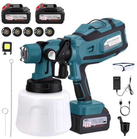 Cordless Paint Sprayer,Paint Sprayers with 21V Battery, Fence Paint Sprayer with 3 Spray Patterns, Handheld Paint Gun with 2x4000mAh Batteries & Light for Fence, Walls, Ceilings, Home Painting