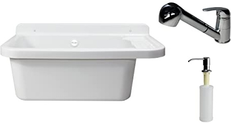 VBChome Fregadero de 50 cm x 35 cm x 21 cm, con grifo y dispensador de jabón, fregadero con rebosadero, para comercios, lavandería, jardín, incluye desagüe