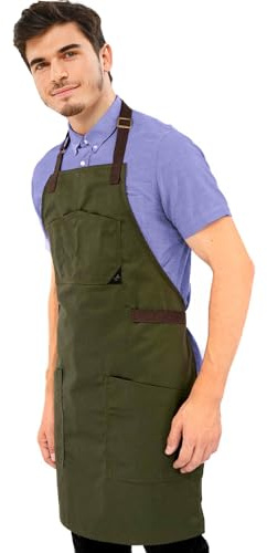 Under NY Sky Chef Apron – Professional Green Twill – Cotton Straps - Smart Pockets - Adjustable for Men and Women – Pro Chef, Cook, Kitchen, Baker, Barista, Bartender, Server Aprons