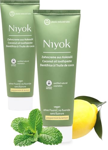 Niyok Zahncreme Pfefferminze & Zitrone 2 x 75 ml | Fluoridfreie Zahnpasta mit Bio-Kokosöl, Xylit und Kreide für ein frisches Mundgefühl