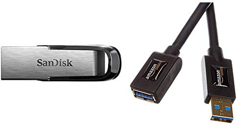 SanDisk Ultra Flair Memoria Flash USB 3.0 de 128 GB con hasta 150 MB/s de Velocidad de Lectura + Amazon Basics - Cable alargador USB 3.0 Tipo A Macho a Tipo A Hembra (1 m)
