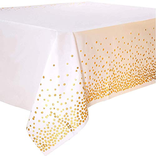Duocute 4 Piezas Mantel Desecheble Fiesta Oro Blanco Mantel Rectangular Dorado Cubierta de Mesa para Despedida de Soltera, Compromiso, Boda, Housewarming, Banquetes, Aniversario, 137 cm x 274 cm