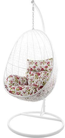 Kideo Komplettset: Hängesessel mit Gestell & Kissen, Lounge-Möbel, Poly-Rattan (Gestell- und Korbfarbe: weiß, Kissen: Blumenmuster Nest (3761 Roses))